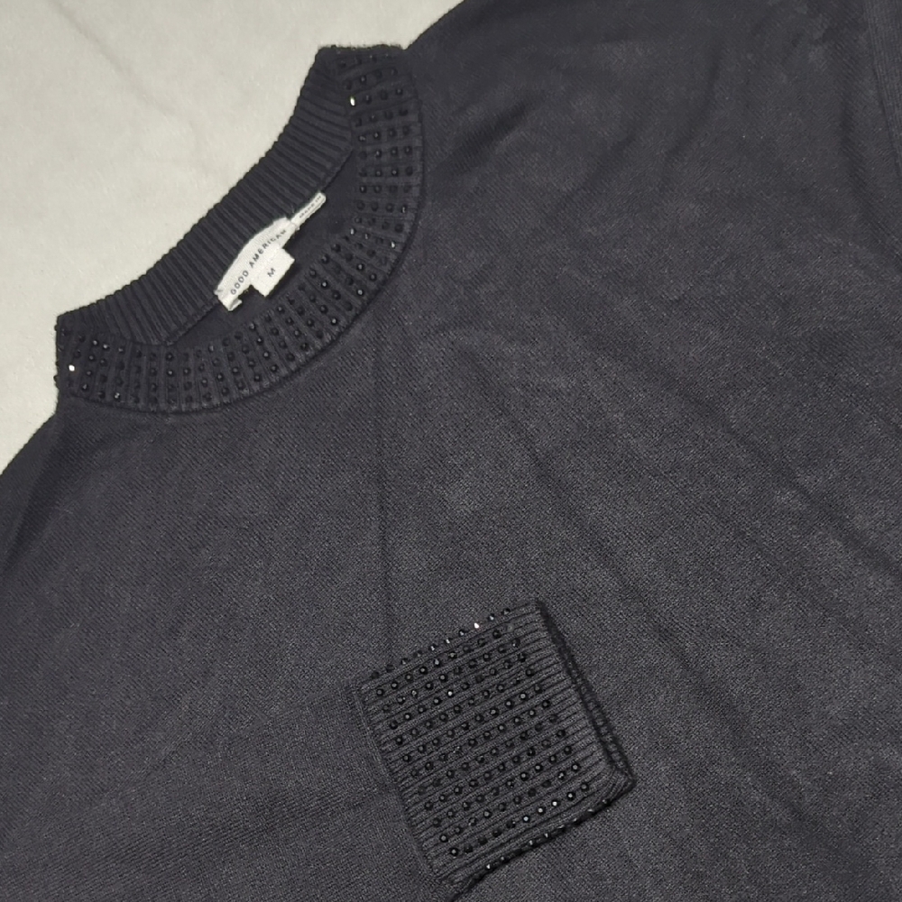 Good American Rhinestone Trimmed Cropped Women's Sweater Black Size Medium